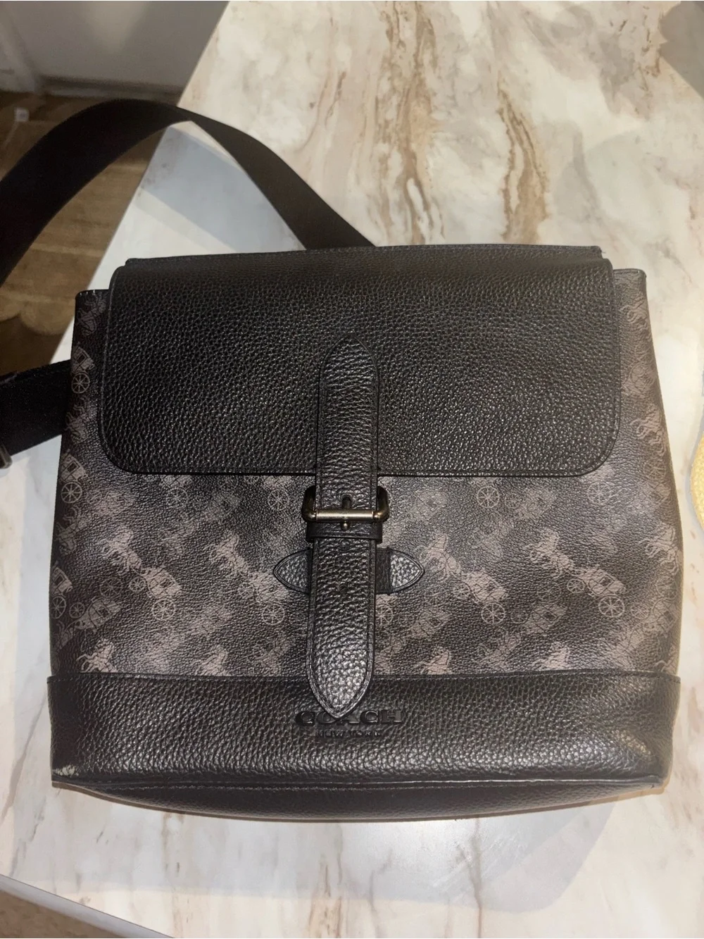 Coach Men's Black Signature Canvas Messenger Bag with Pebbled Trim